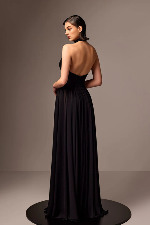 Vestidos de noche largos hasta el suelo y de gasa con cuello colgante