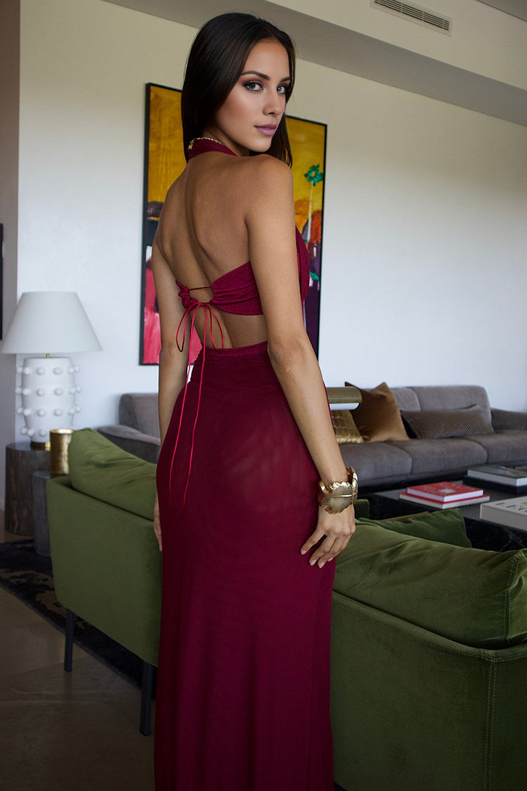 Vestido de fiesta Jimiss con escote halter, hombros descubiertos, sin mangas, espalda descubierta y largo hasta el suelo