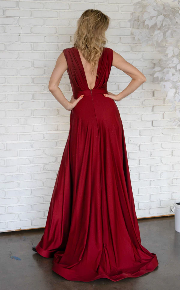 Deep V-neck sleeveless backless slit and floor length Prom dress