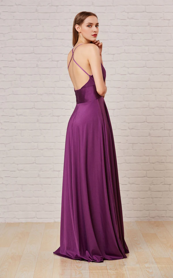 Plum Stretch Knit A-Line Floor-Length Evening Dress with Deep V-Neck & High Slit