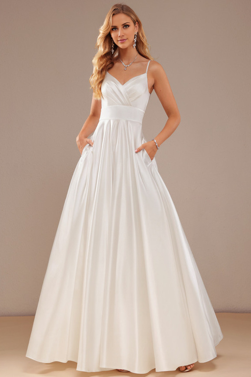 Ivory Satin V-Neck A-Line Floor-Length Bridesmaid Dress with Pockets