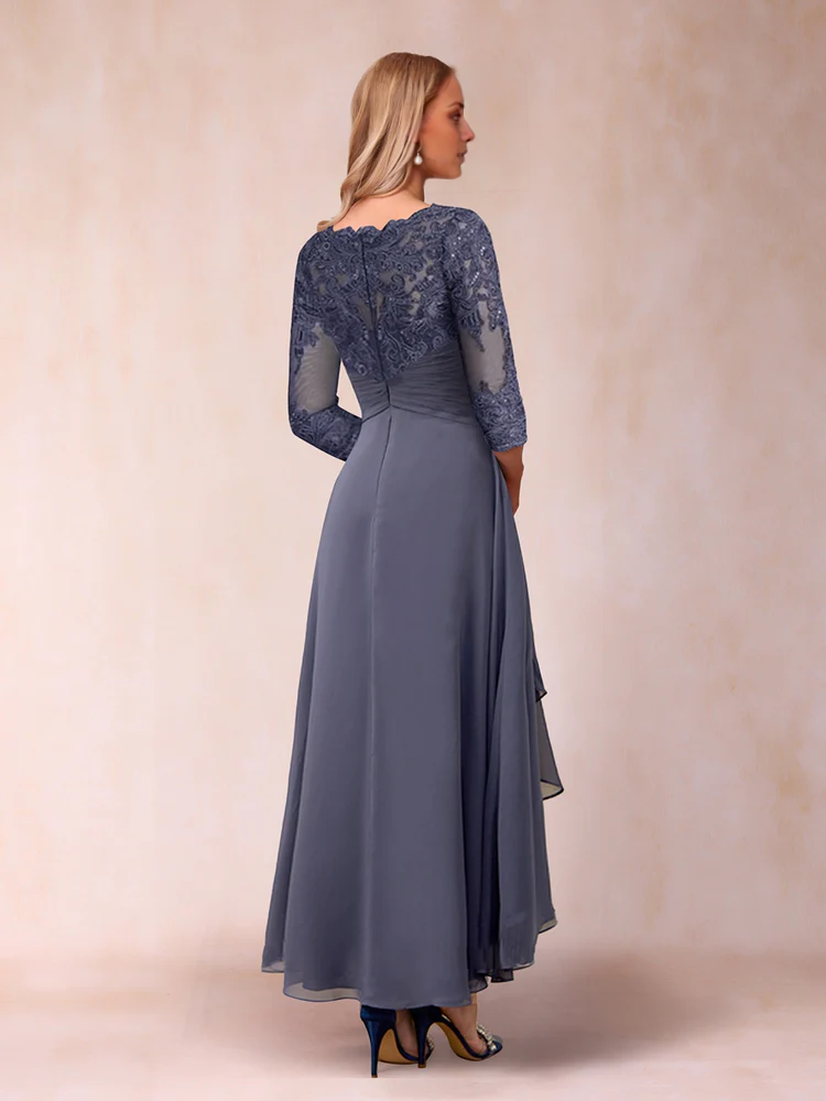 Slate Blue A-Line High-Low Evening Dress with Lace Bodice & Boat Neck
