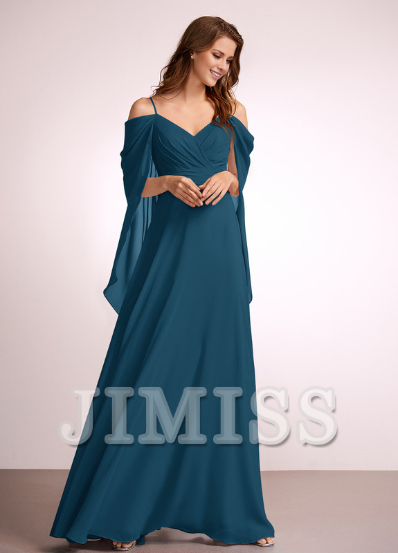 Dusty Rose Chiffon A-Line Floor-Length Bridesmaid Dress with Draped V-Neck Bodice and Off-the-Shoulder Sleeves