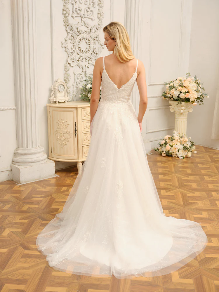 Vestido de novia largo sin mangas con tirantes finos, corte A y lentejuelas, estilo princesa