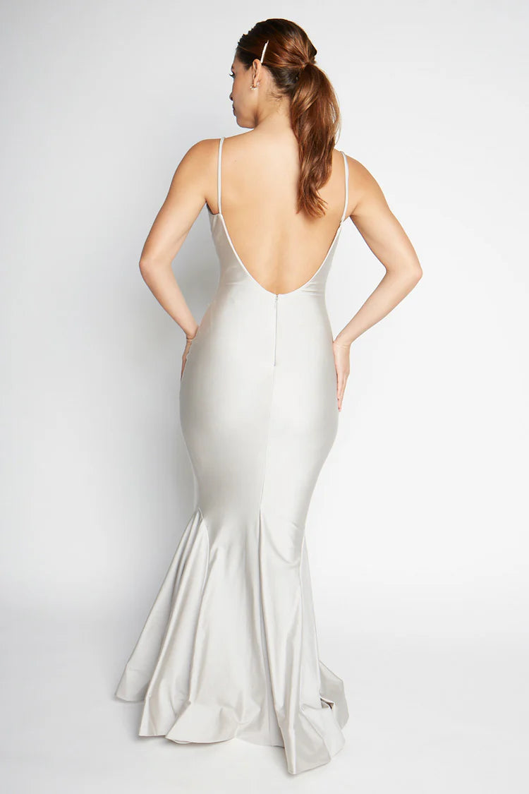Vestido de fiesta Jimiss con escote en V, corte sirena, hombros descubiertos, sin mangas, tirantes finos, espalda descubierta y largo hasta el suelo