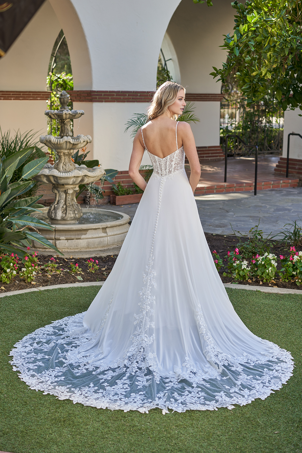 Ivory Lace Chiffon A-Line Floor-Length Bridesmaid Dress with Plunging V-Neck & Train