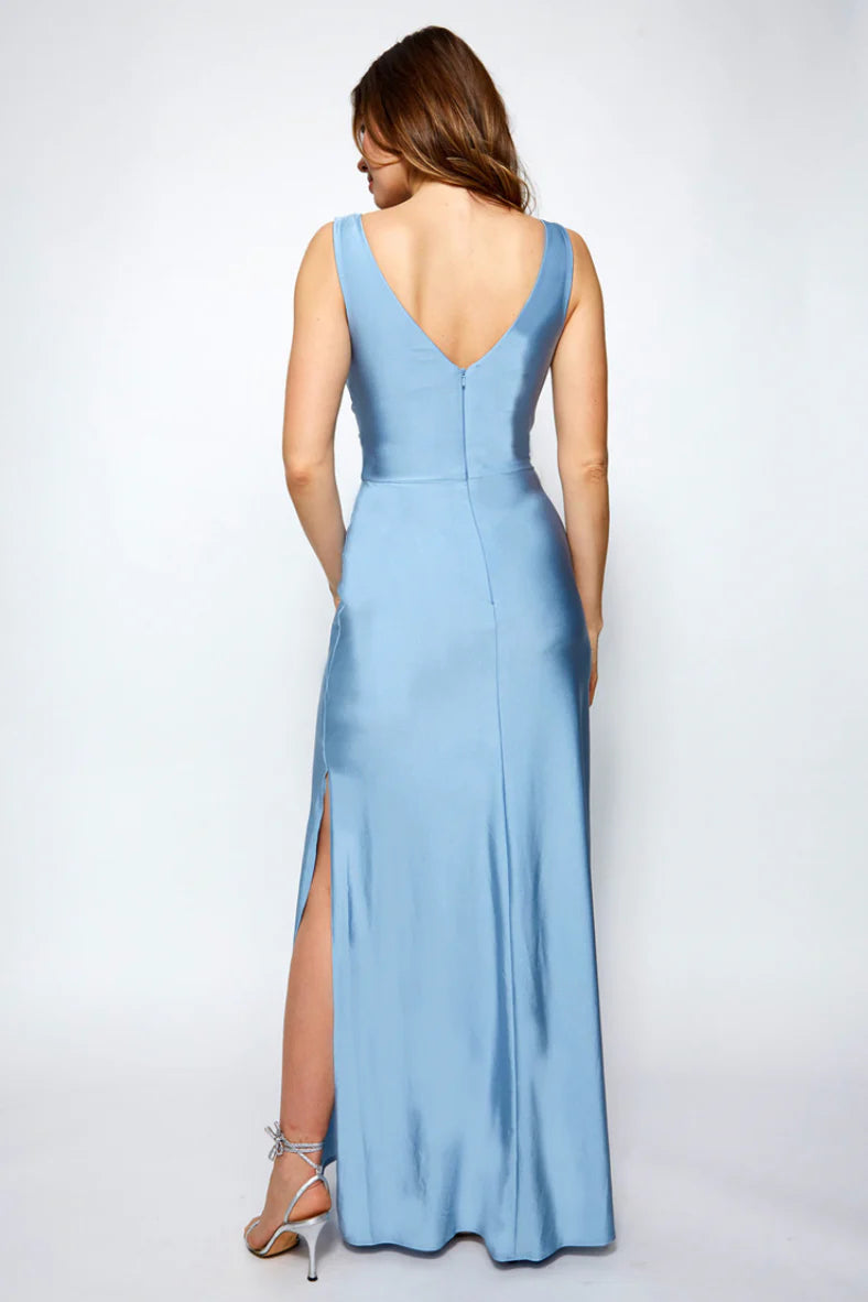 Vestido de fiesta Jimiss con escote en V, hombros descubiertos, sin mangas, espalda descubierta, abertura lateral y largo hasta el suelo