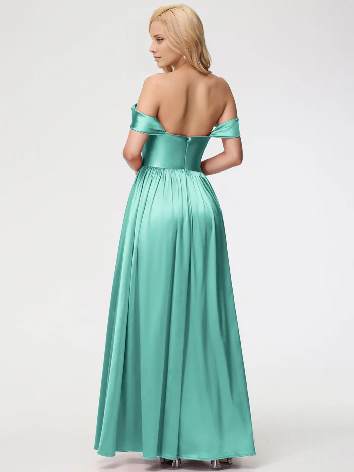 Vestido de fiesta Jimiss de satén con hombros descubiertos y largo hasta el suelo