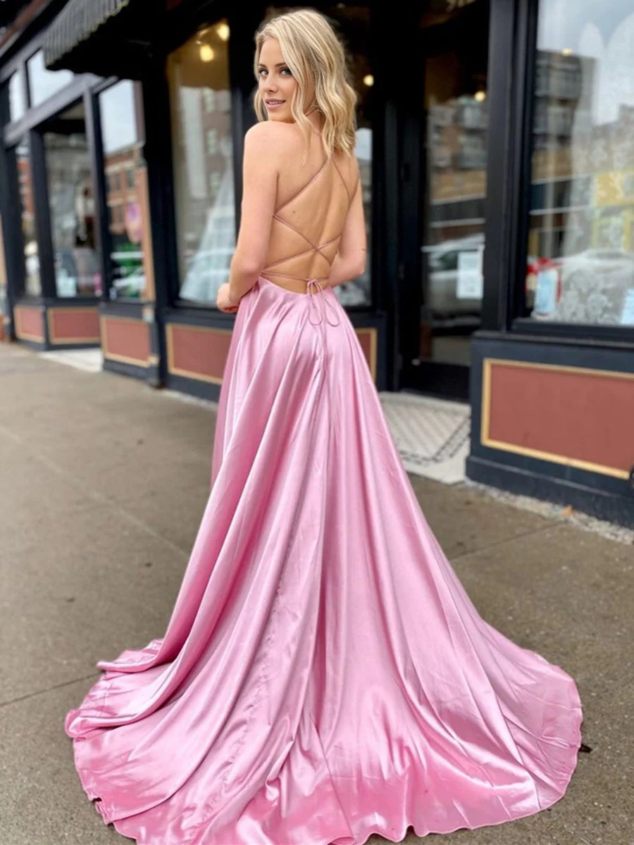 Vestido de fiesta largo de satén con escote en V y corte A de Jimiss, con abertura alta y espalda descubierta