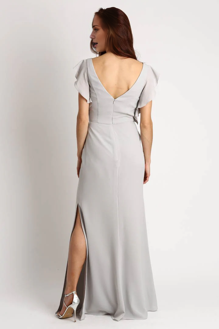 Jimiss boat neckline short sleeved backless side slit and floor length evening dress