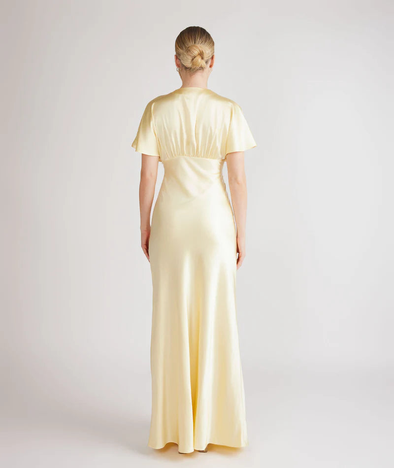 Jimiss V collar bat sleeves satin and floor length Prom dress