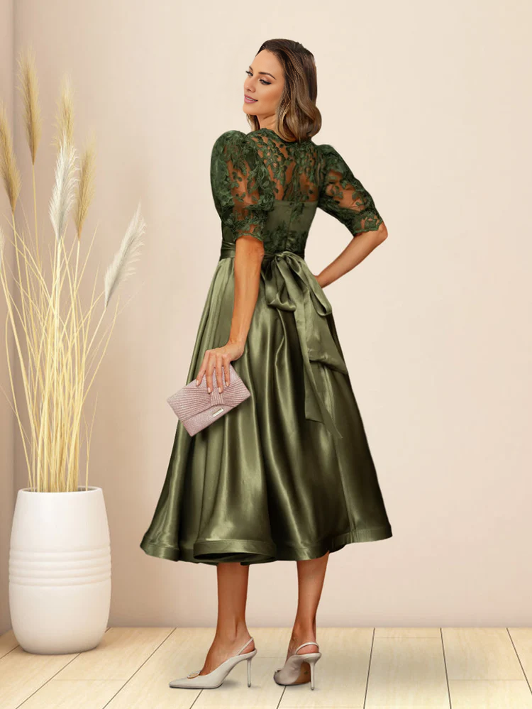 Green Satin Lace Bodice Puff Sleeve A-Line Tea-Length Evening Dress