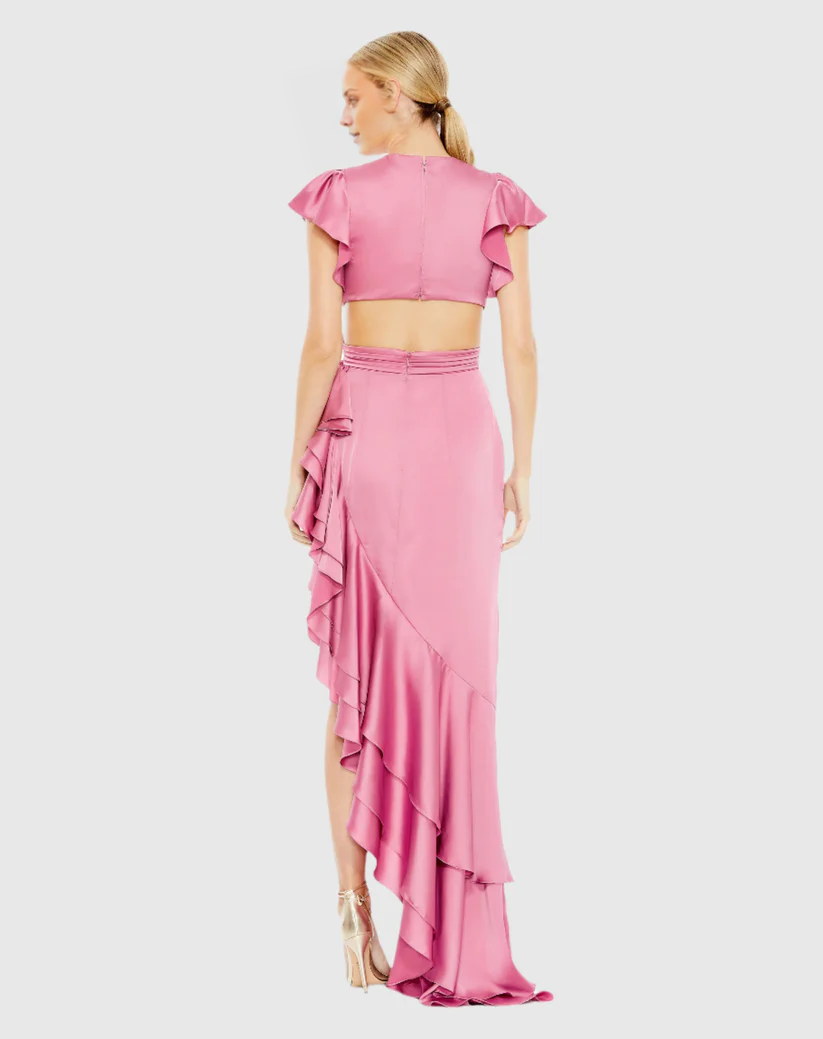 Vestido de noche largo hasta el suelo con mangas con volantes, asimétrico y hueco