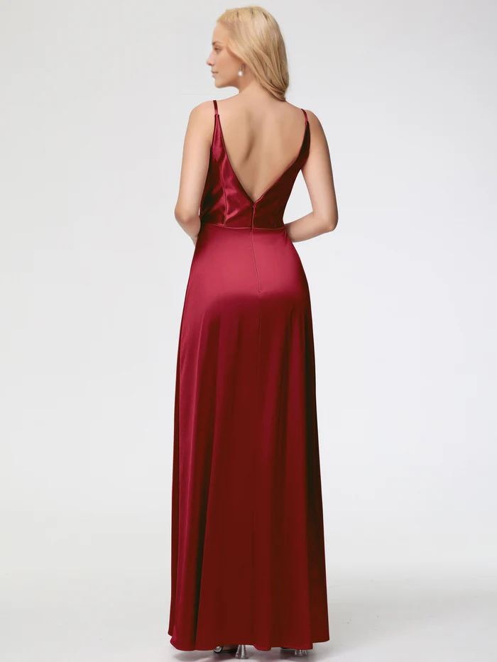 Vestido de fiesta Jimiss de satén plisado con escote en V y tirantes finos