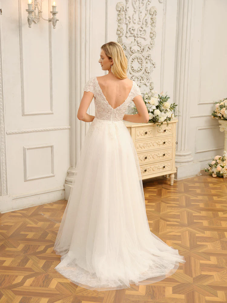 Vestido de novia largo de manga corta con escote en V, apliques y adornos de cuentas