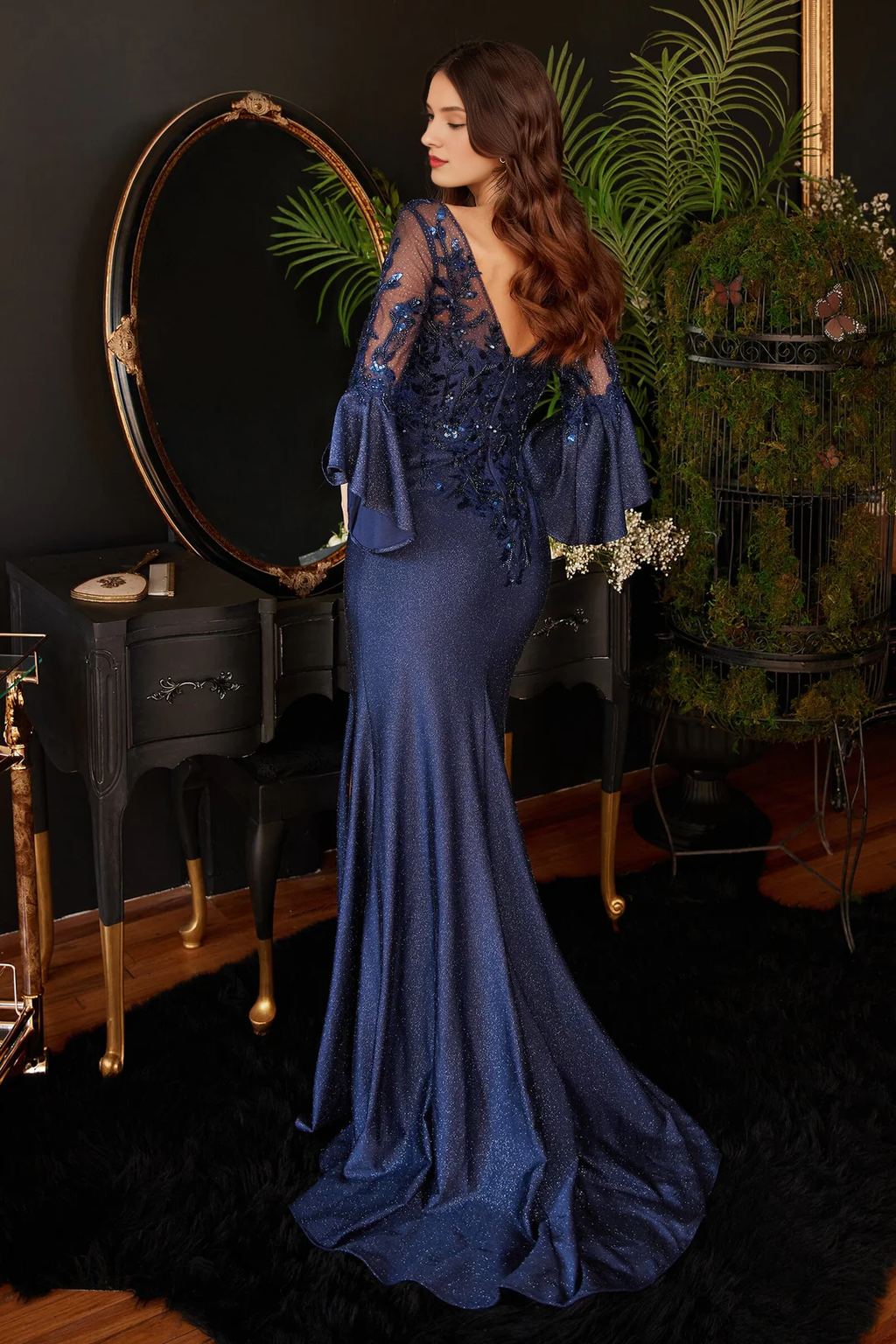 Dark Navy Glitter V-Neck Sheath/column Floor-Length Evening Dress with Bell Sleeves and High Slit