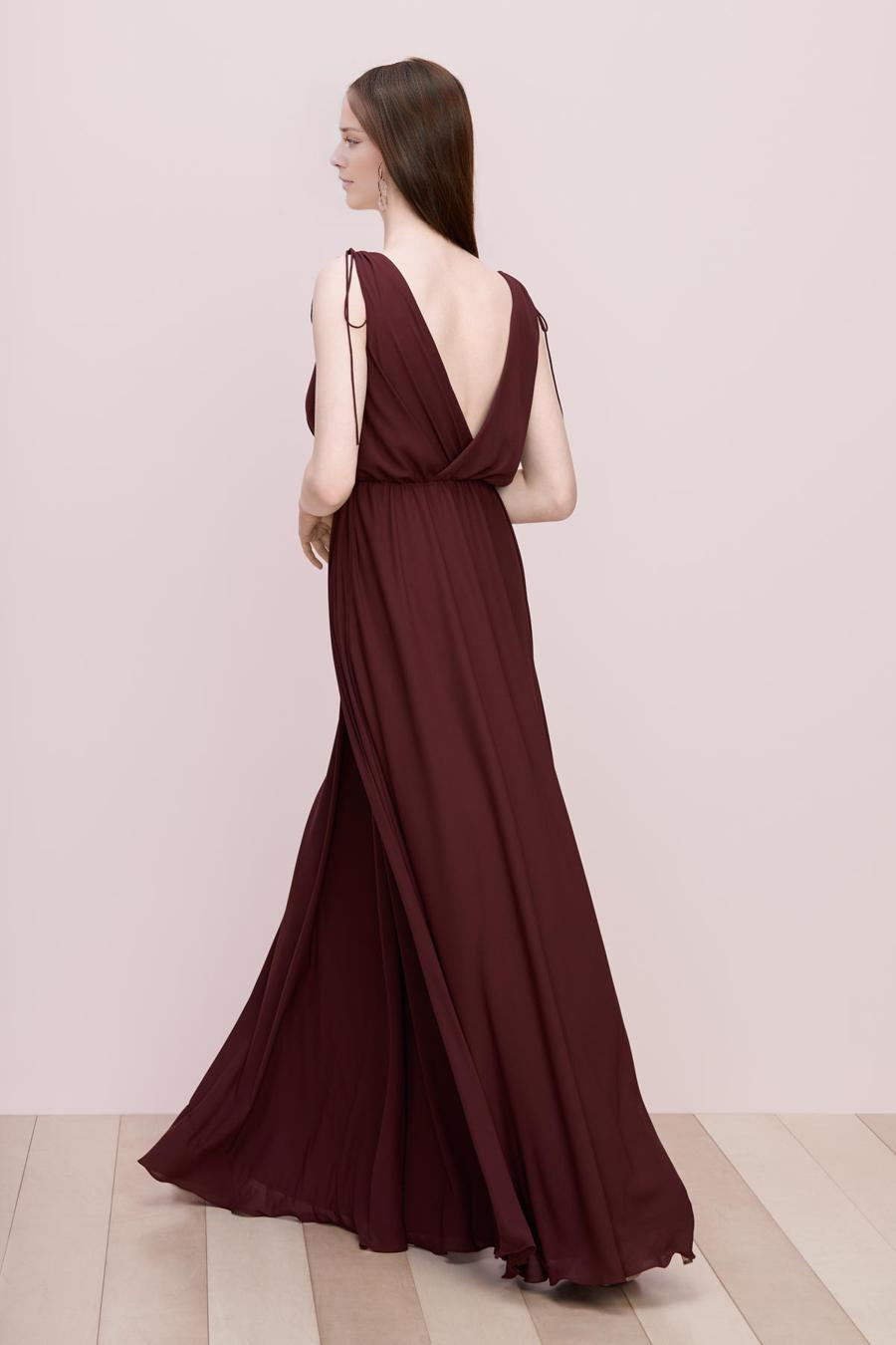 Burgundy Chiffon A-Line Floor-Length Bridesmaid Dress with Draped V-Neck, Backless Design & High Slit