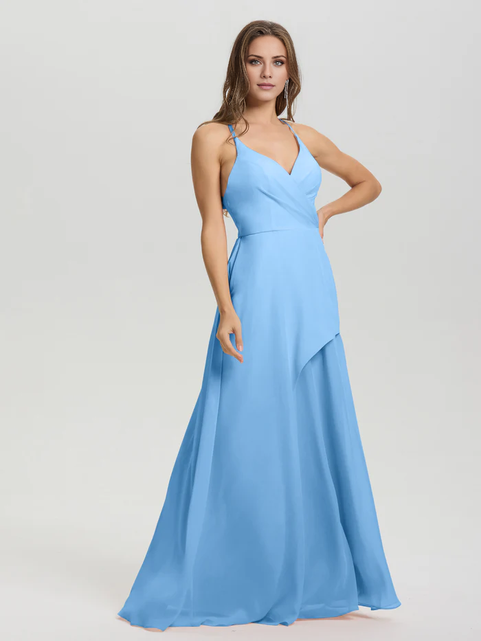 Shoulder strap V-neck backless long chiffon formal and floor length Bridesmaid dresses