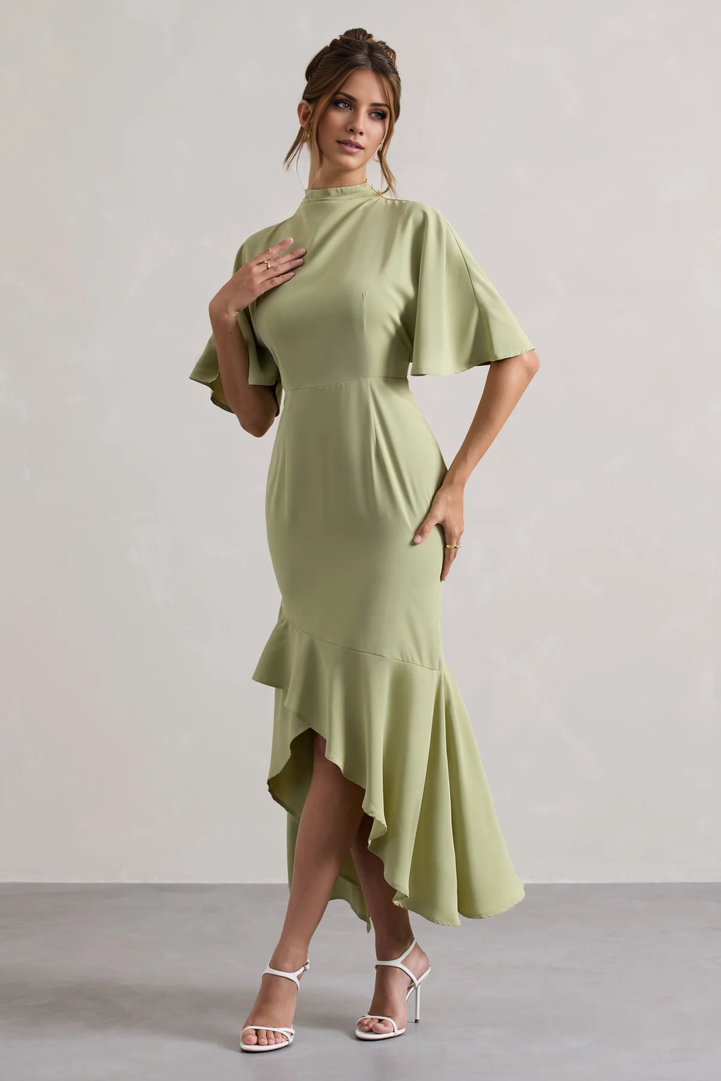 Sage Green Crepe Sheath/column High Neck High-Low Dress with Flutter Sleeves
