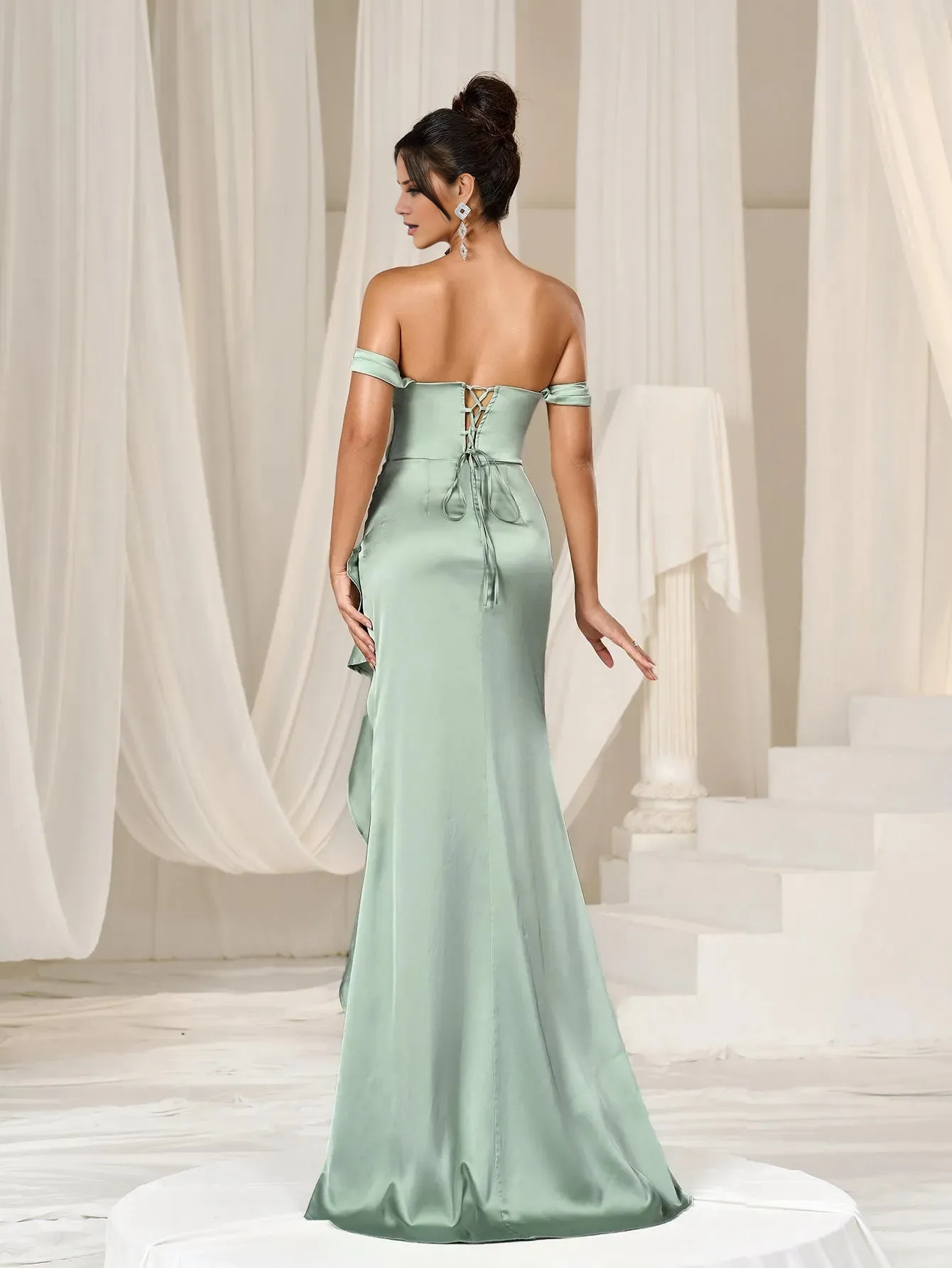 Off shoulder asymmetrical ruffle hem and floor length formal dress