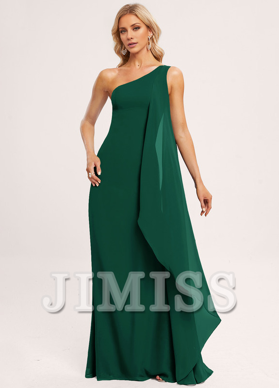 Vestido de dama de honor de gasa con volantes, corte A, un hombro al aire y largo hasta el suelo