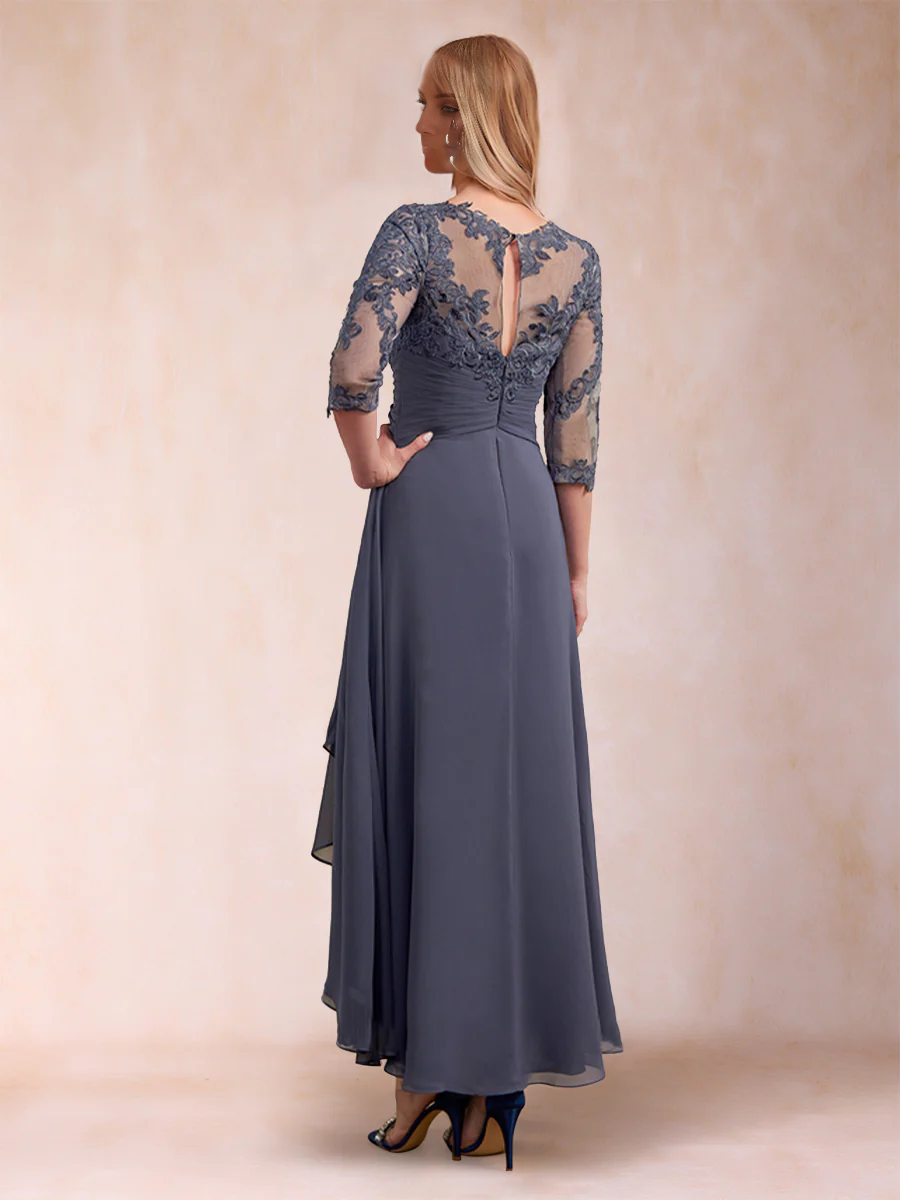 Dusty Blue Lace Bodice Chiffon Asymmetrical A-Line Bridesmaid Dress