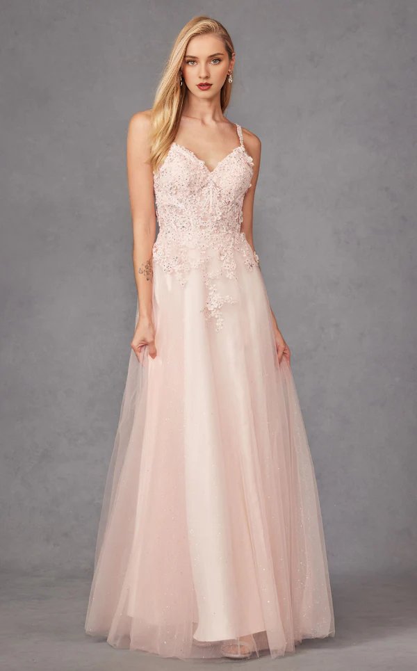 Thin shoulder strap V-neck backless lace decal sheer side slit and floor length Prom dress