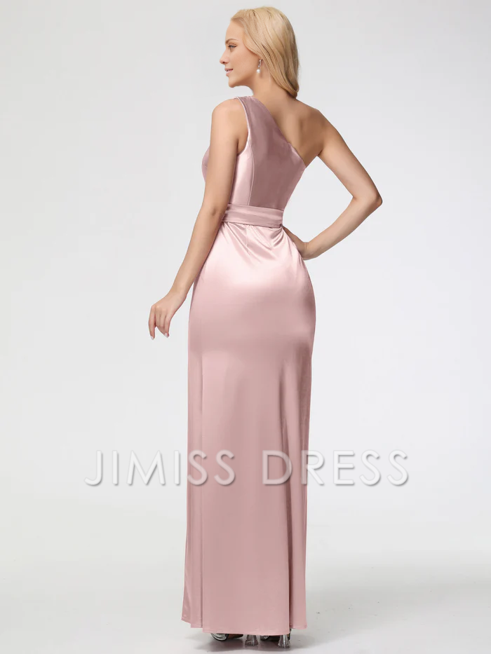 Jimiss single shoulder trumpet/mermaid sleeveless pleated satin Prom dress