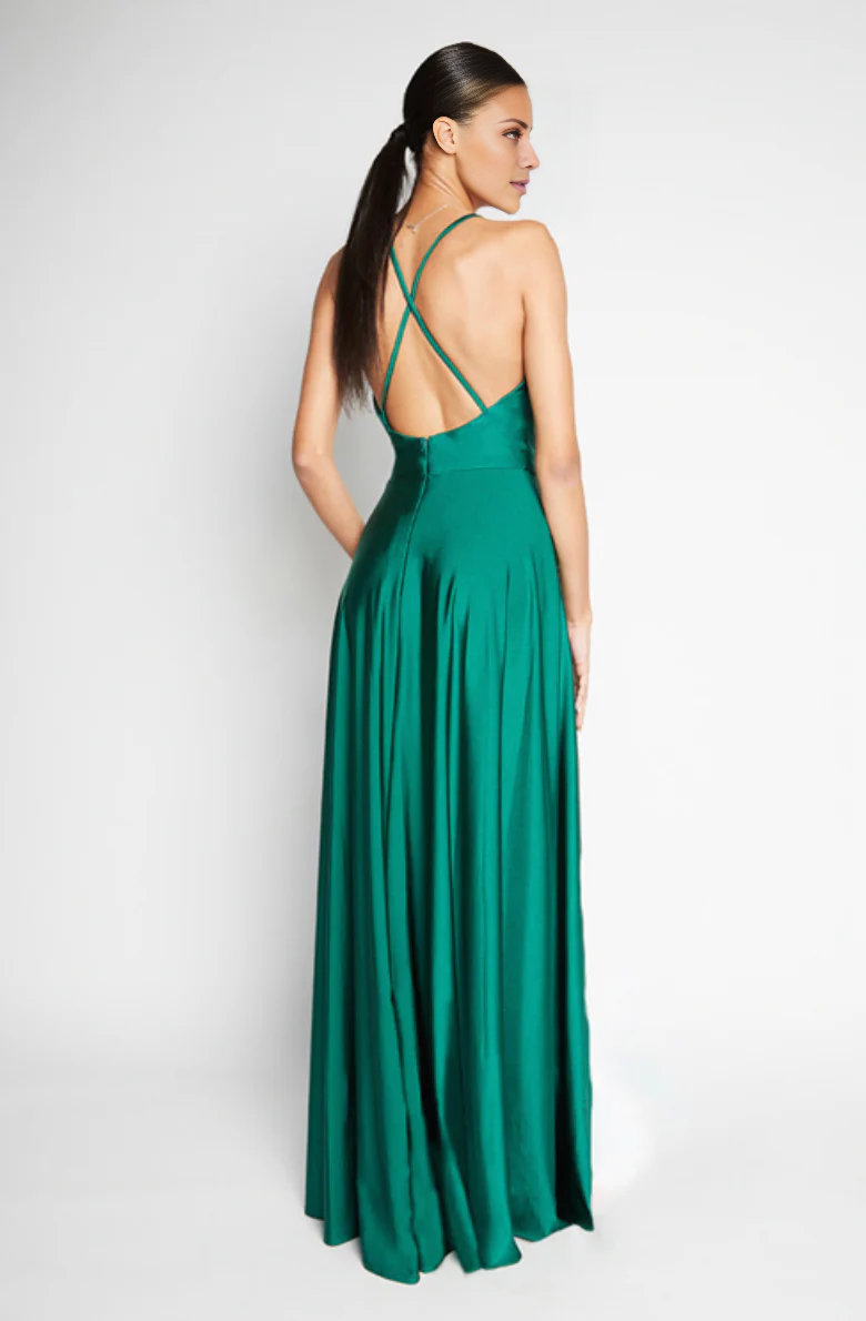 Vestido de noche Jimiss con escote en V, sin mangas, tirantes finos, espalda descubierta, abertura lateral y largo hasta el suelo