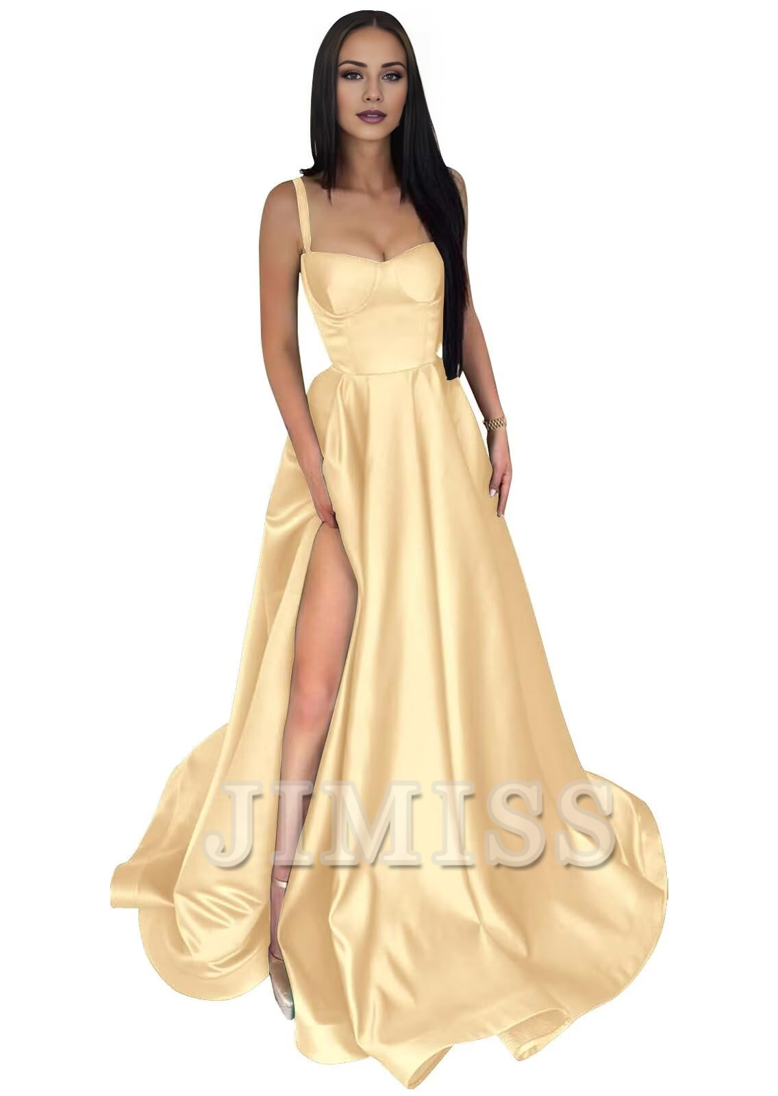 Vestido de fiesta formal de satén con tirantes finos, abertura larga en forma de A y plisado.