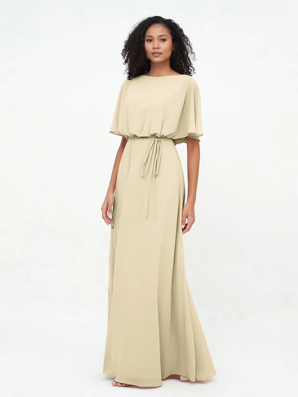 Butter Chiffon A-Line Floor-Length Bridesmaid Dress with Boat Neck & Self-Tie Waist