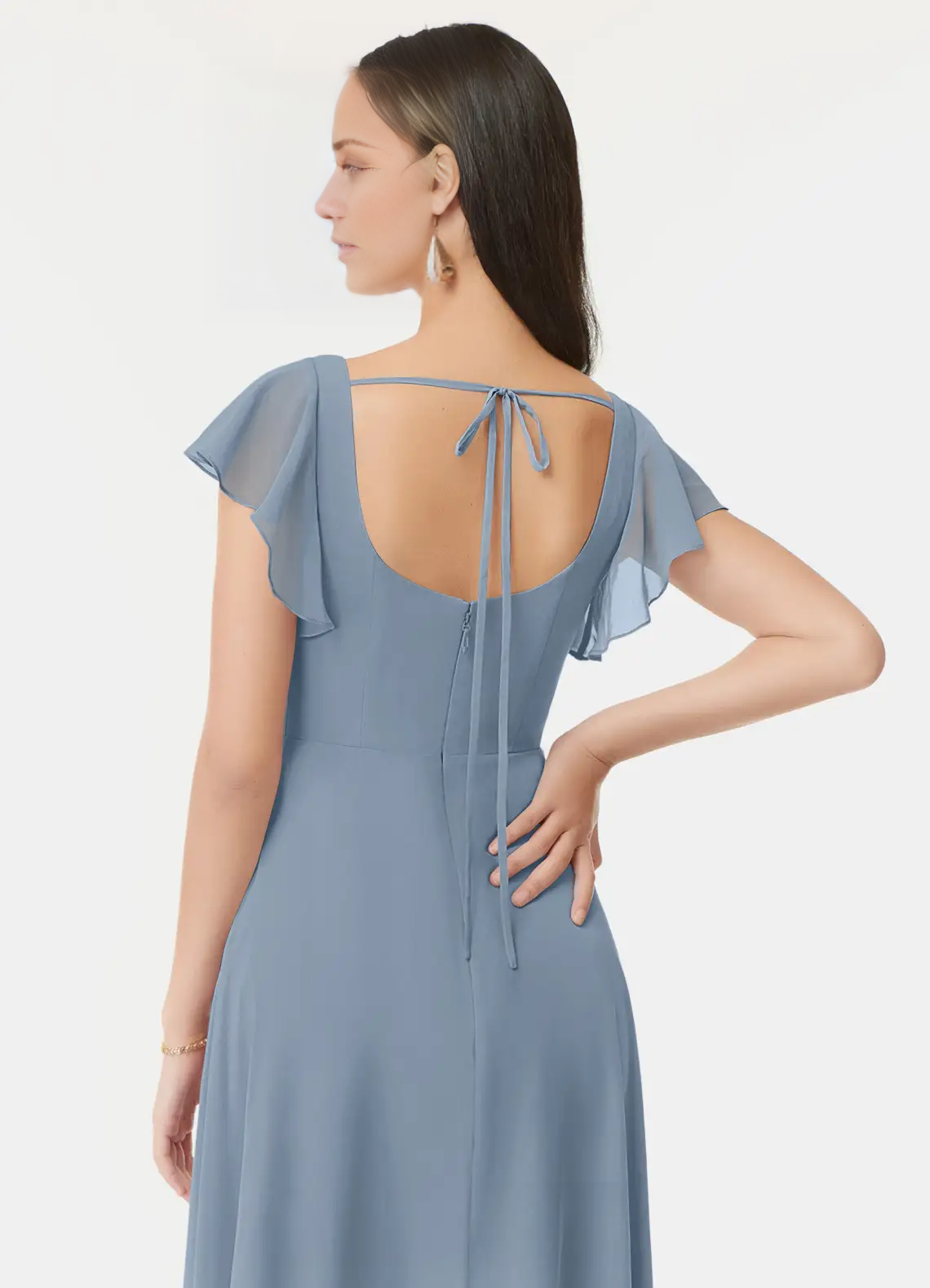 Abito da damigella d'onore lungo fino al pavimento, senza spalline, in chiffon plissettato a trapezio e senza schienale - Abito Jimiss