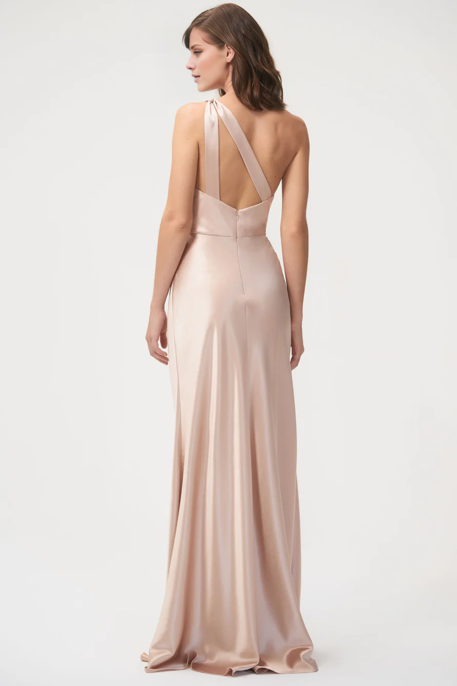 Vestido de noche Jimiss con escote asimétrico, hombros descubiertos, sin mangas, espalda descubierta y largo hasta el suelo