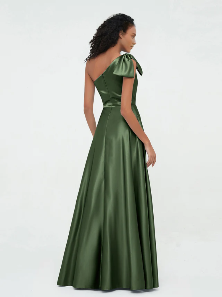 Elegant Satin A-Line One Shoulder Bow Back Maxi Bridesmaid Dress