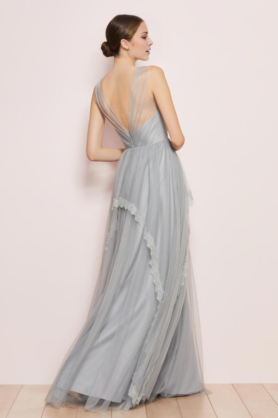 Dusty Blue Tulle A-Line Floor-Length Bridesmaid Dress with Illusion V-Neck and Cascading Lace Trim