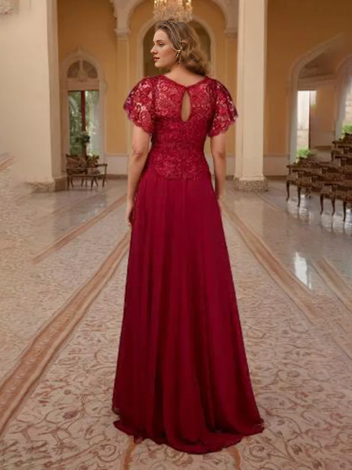 Burgundy Lace A-Line Floor-Length Evening Dress