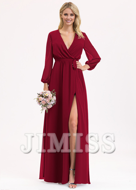 Abito da damigella d'onore in chiffon con scollo a V, lunghezza al pavimento, plissettato e fiocco