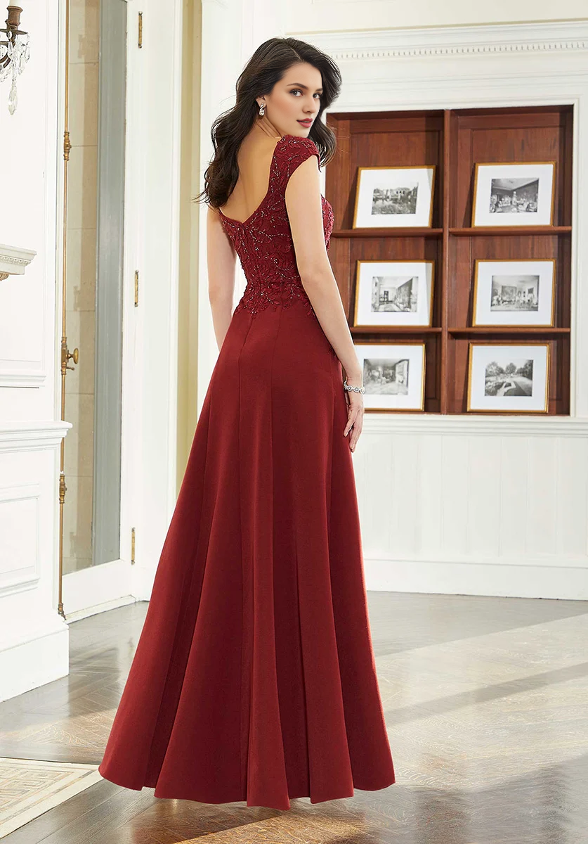 Burgundy Square Neck Sheath/Column Floor-Length Evening Dress with Embroidered Bodice & High Slit