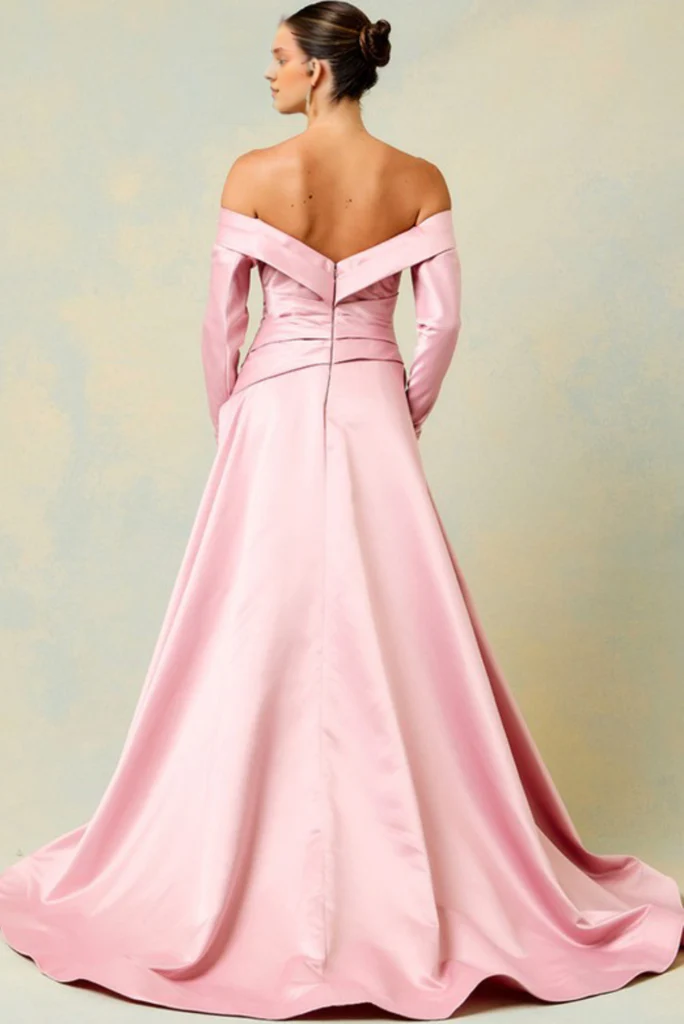 Blushing Pink Satin A-Line Off-the-Shoulder Floor-Length Evening Dress with Draped Bodice and High Slit