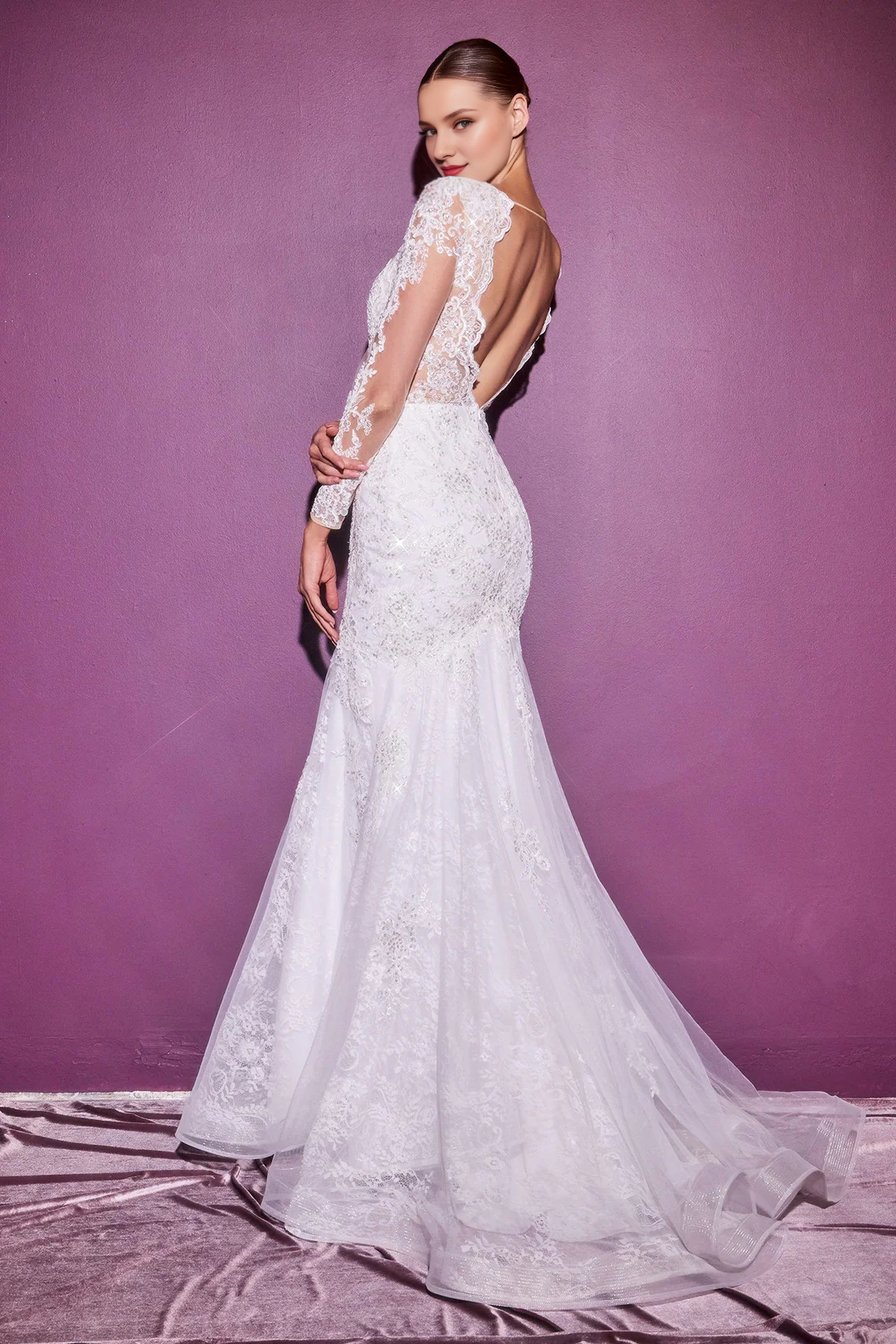 Vestido de novia de cola de pez con encaje y manga larga