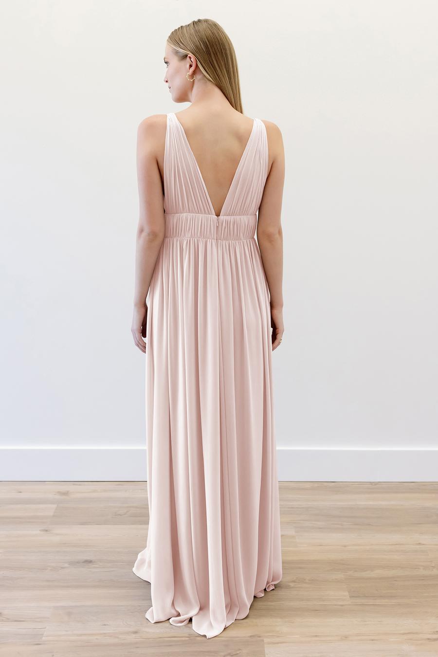 Vestido de noche Jimiss con escote en V profundo, sin mangas, plisado, sin espalda y largo hasta el suelo