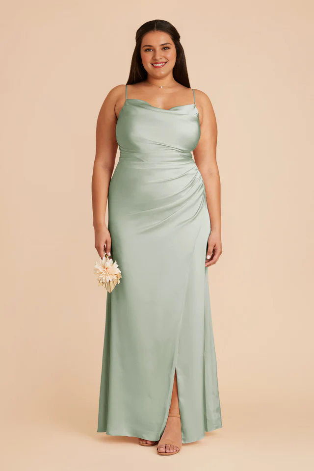 Sage Green Satin Cowl Neck Sheath/Column Floor-Length Bridesmaid Dress