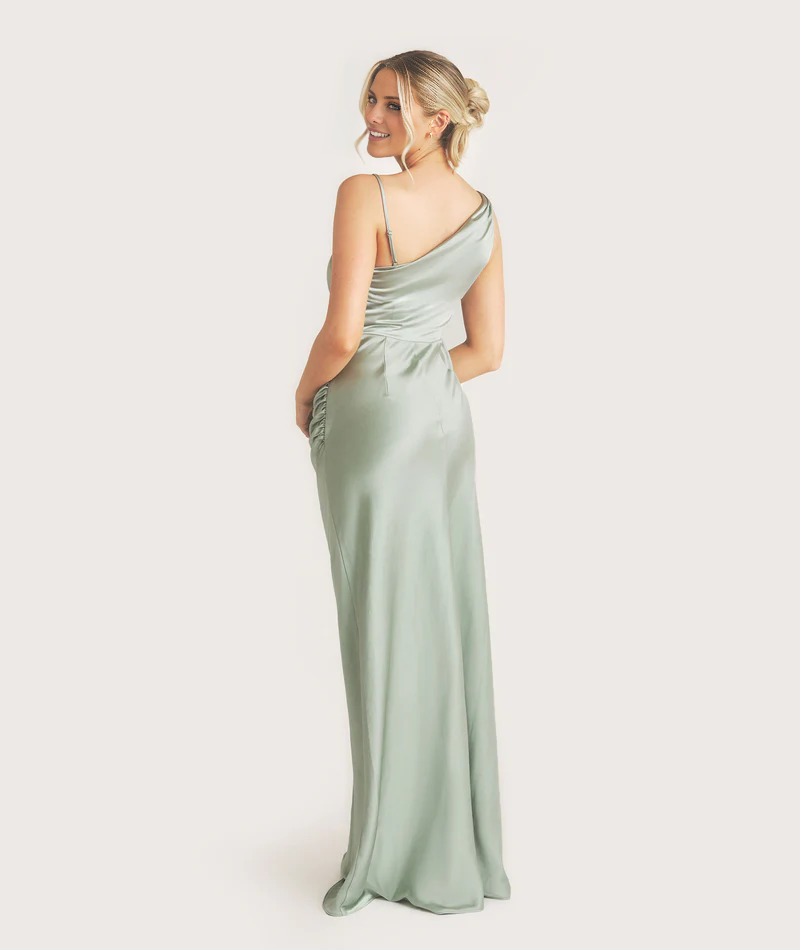 Vestido de fiesta Jimiss con escote asimétrico, hombros descubiertos, sin mangas, espalda descubierta y largo hasta el suelo