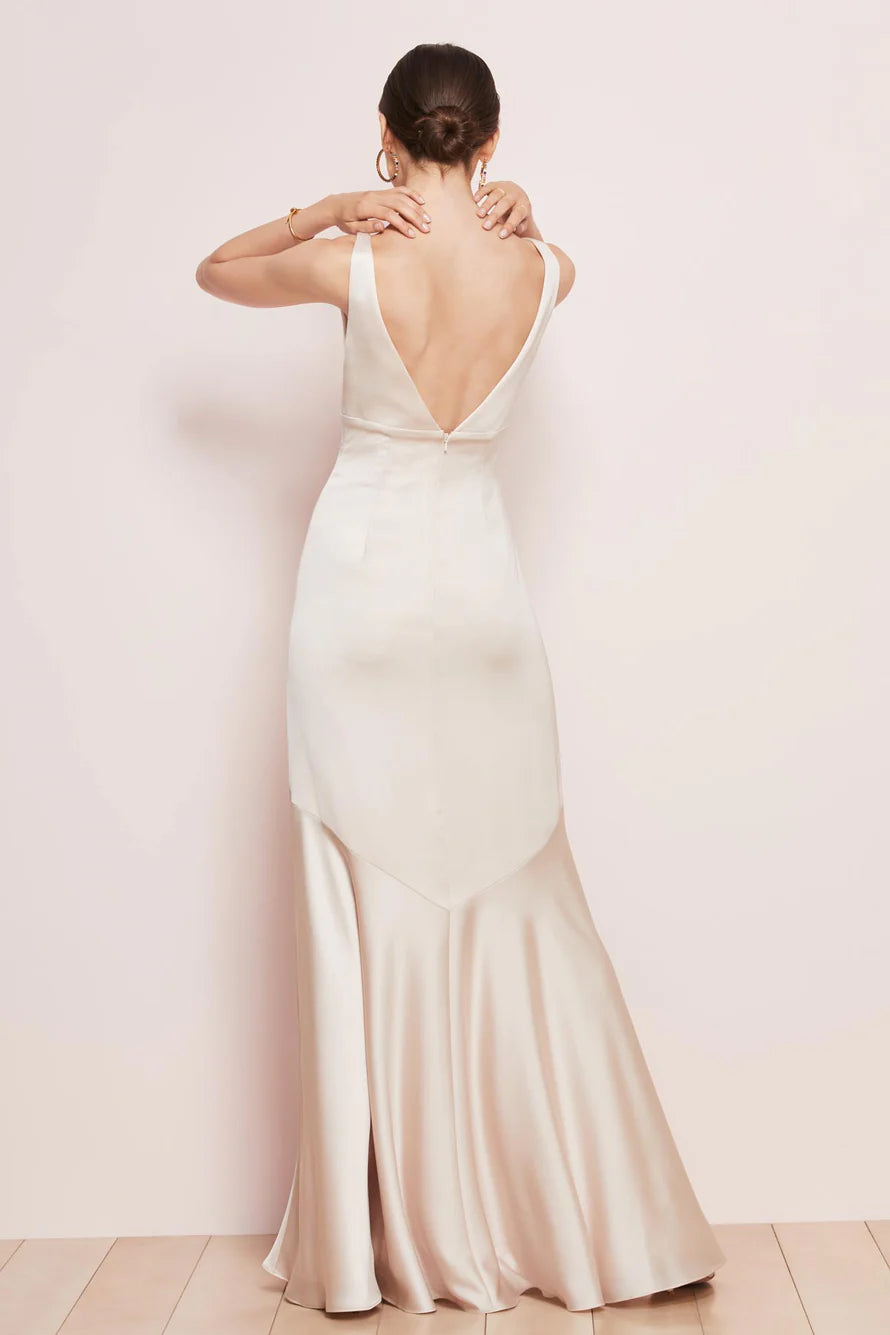 Champagne Satin Trumpet Floor-Length Bridesmaid Dress with Plunging V-neck