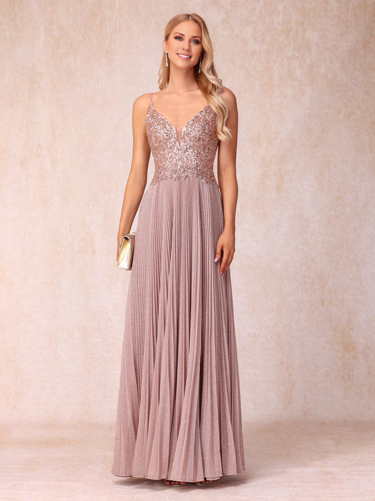 Blushing Pink Glitter A-Line Floor-Length Evening Gown | Sequined Bodice & Plunging V-Neck