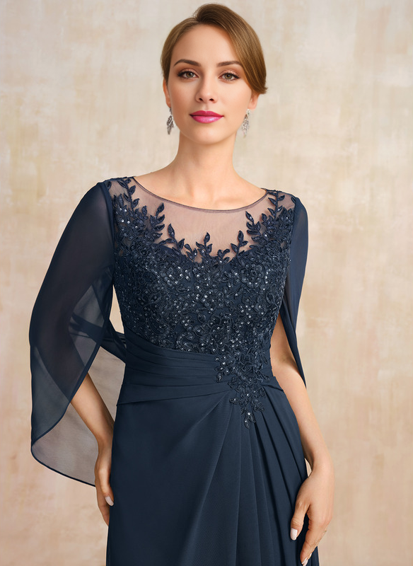 Dark Navy Chiffon A-Line Floor-Length Dress with Illusion Neck & Cape Sleeves