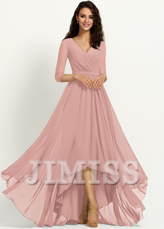 Dark Navy Chiffon A-Line V-Neck Asymmetrical Length Dress with Draped Bodice, High-Low Hem, and Back Zip for Bridesmaid.