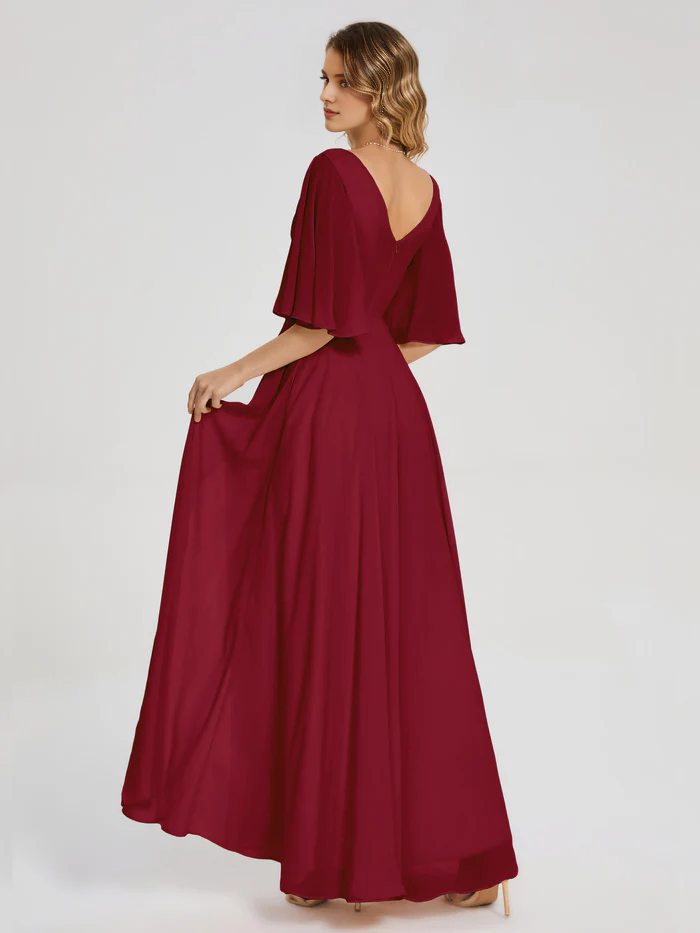 Burgundy Chiffon A-Line V-Neck Floor-Length Dress | Flutter Sleeve Bridesmaid Gown