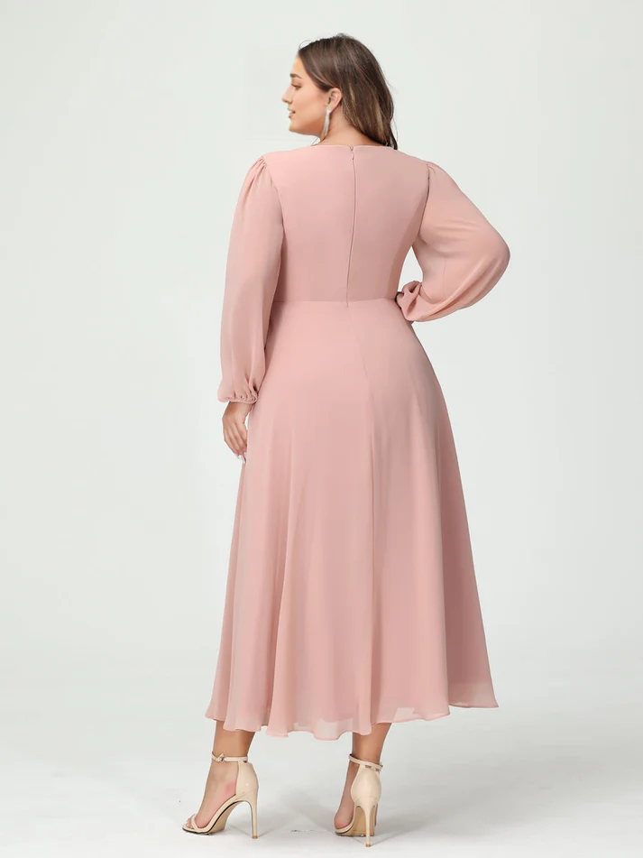 Chiffon Long-Sleeve V-Neck Ruffled Wrap Bodice High-Low A-Line Floor-Length Elegant Bridesmaid Dress