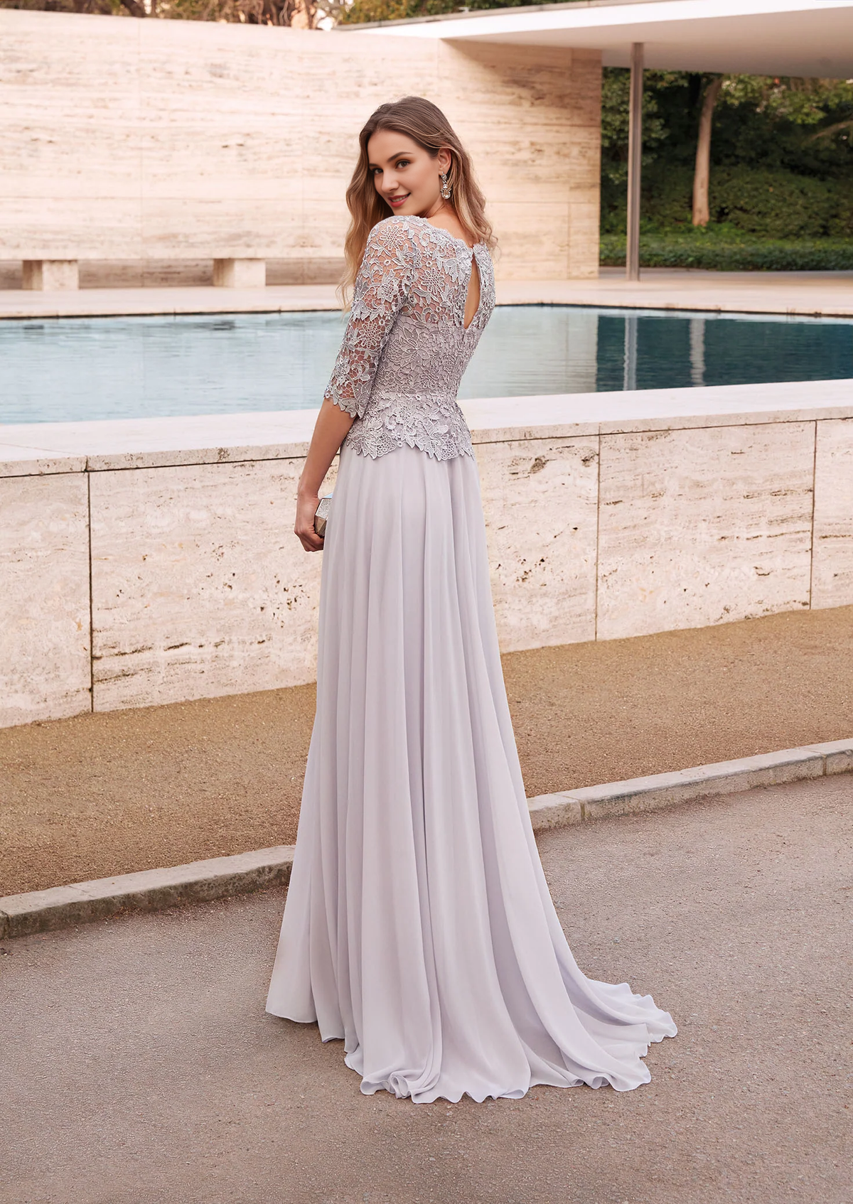 Silver Lace A-Line Floor-Length Bridesmaid Dress with Boat Neck & 3/4 Sleeves